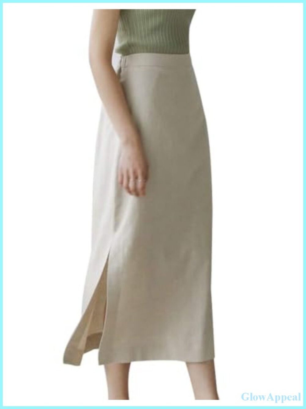 High Waisted Straight Linen Midi Skirt with Side Slit